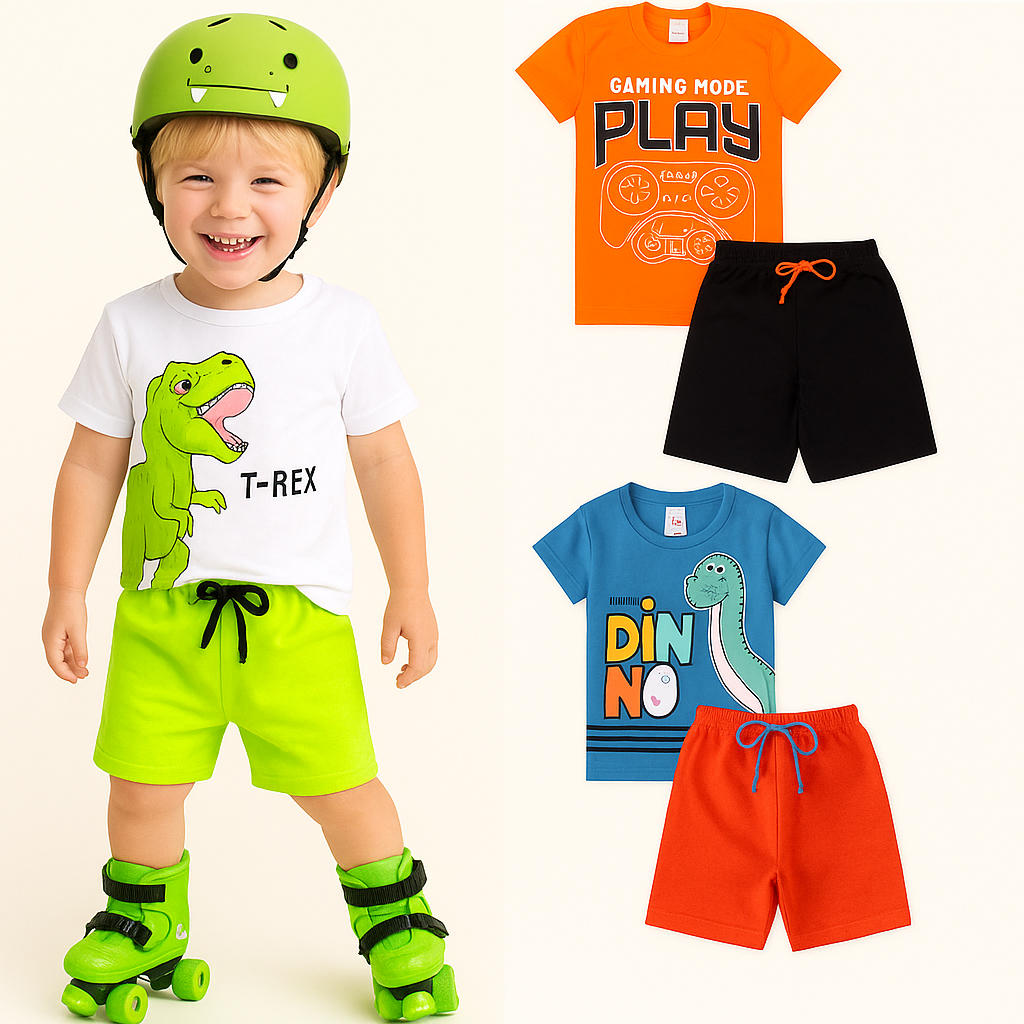 Kit 4 Peças Roupa Infantil Masculino 2 Camisetas + 2 Shorts - Promoção - Kit com 2 ou 1 Conjuntos