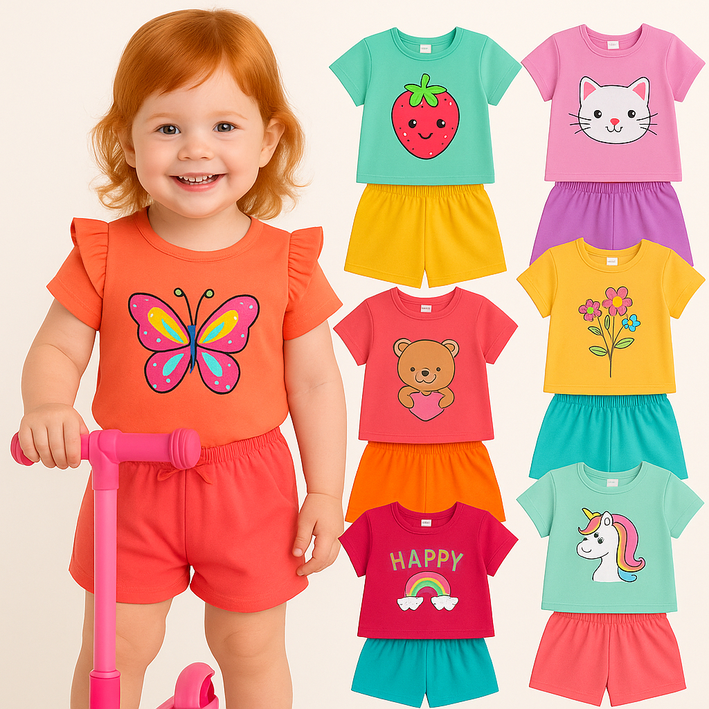 Lote Com 6 peças Infantil Feminino Roupa De Criança Para Menina Baby Look e Shorts Verão 3 Conjuntos em Oferta na Shopee