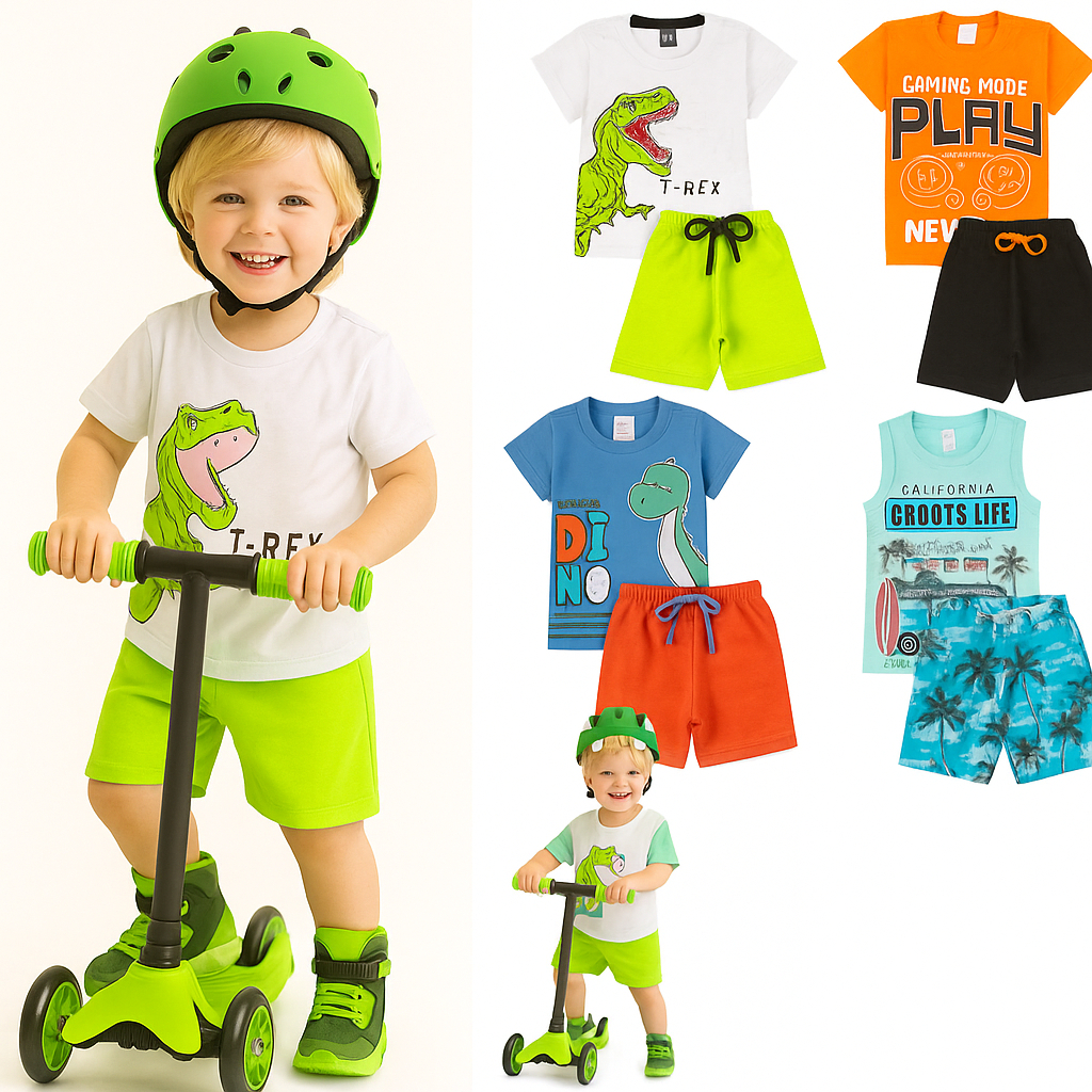 Kit com 4 peças Roupa Infantil Menino Verão - Kit 2 Conjuntos Menino Infantil Verão Masculino- Roupa Infantil Sortidos