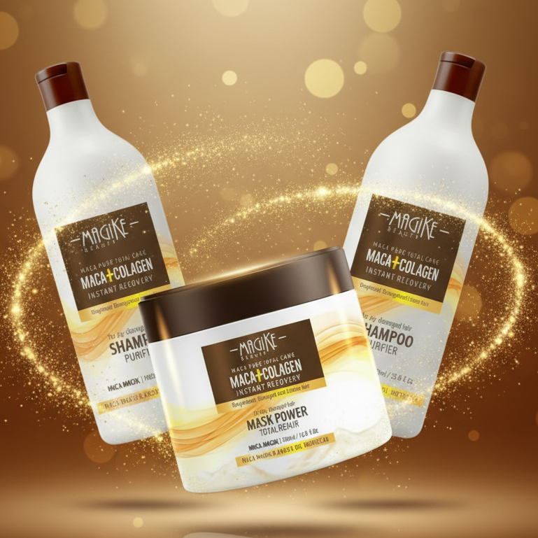 Kit Limpeza e Nutrição Magike – Shampoo + Condicionador 1l  + Máscara Maca e Collagen 500g em Oferta na Shopee