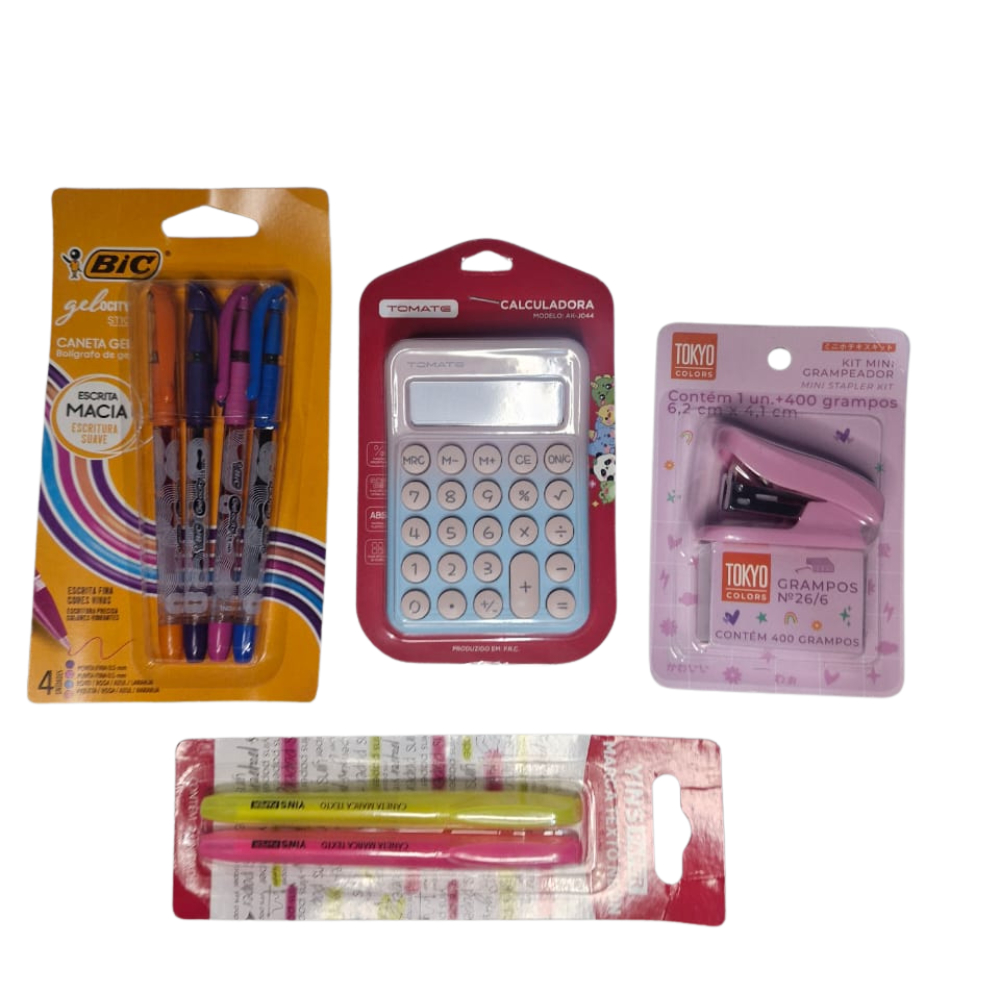 Kit escolar ou escritório: 1 calculadora, 1 grampeador com grampo, 2 marca texto, 4 canetas em gel.