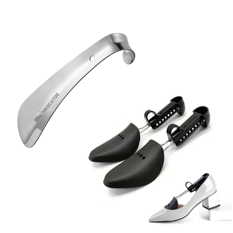 Kit Par Alargador Modelador ABS Para Sapatos + Calçador Inox 16cm Tamanhos Pequeno e Grande MERCATOE