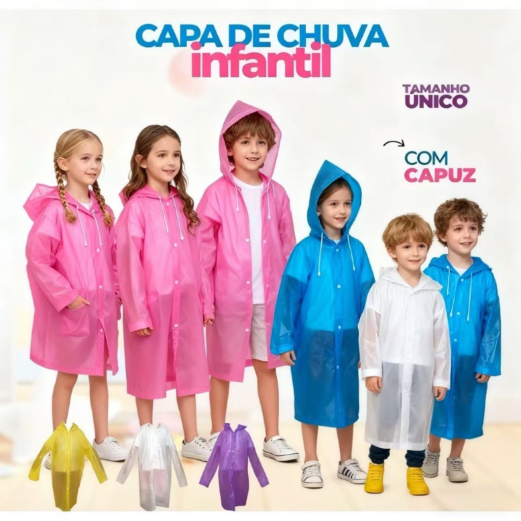 Capa de Chuva para Crianças Reforçada e Reutilizável | Impermeável e Leve - A842