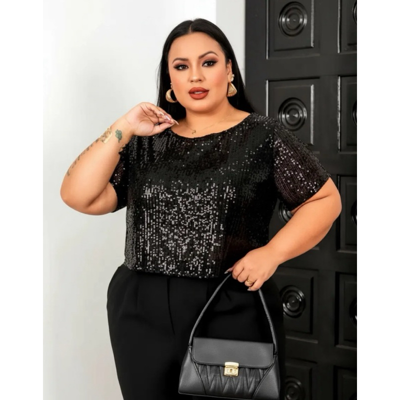 Blusa Plus Size Feminina Manga Curta Paetê Brilhante Natalino
