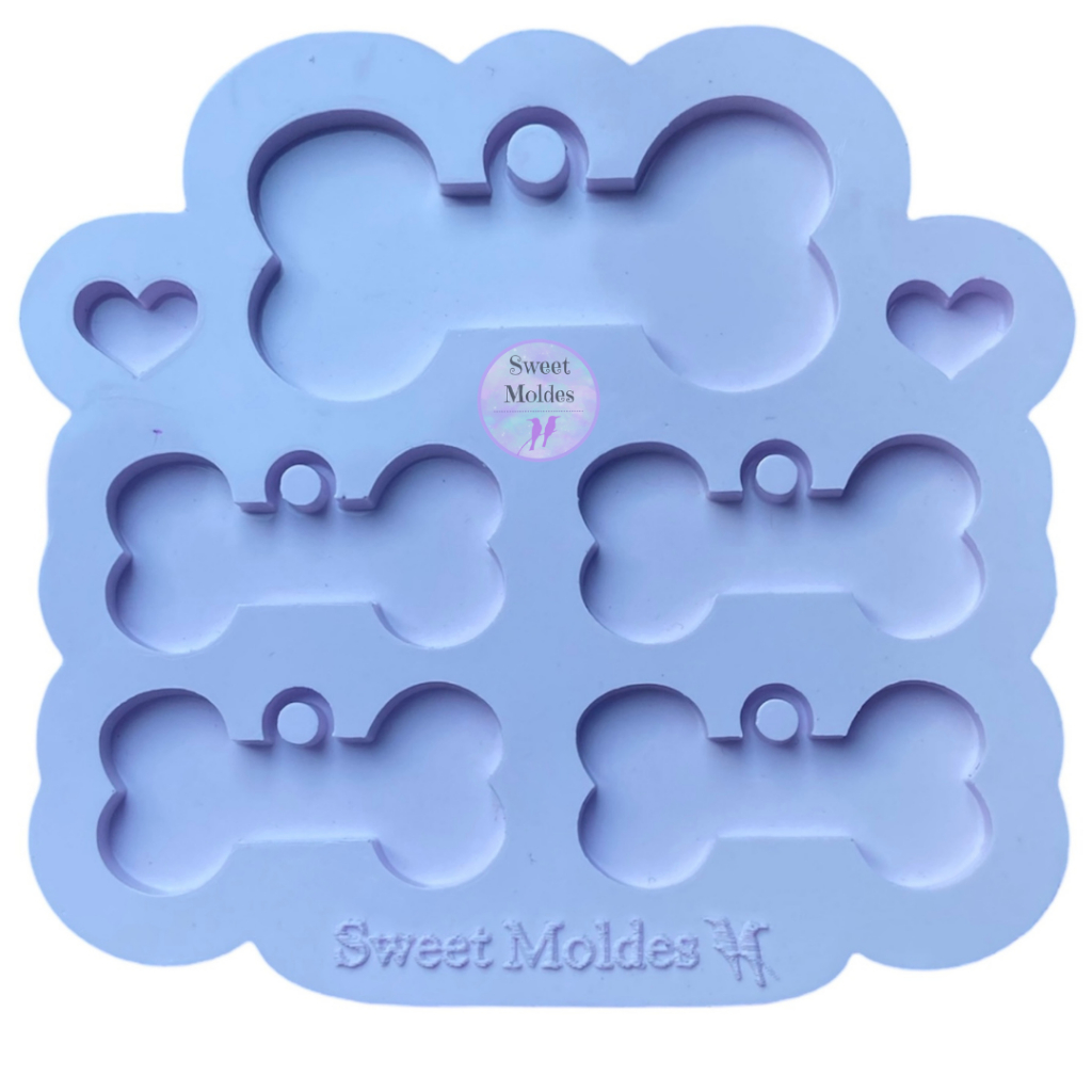 Molde de silicone 5 ossos tag coleira plaquinha pet +  2 corações resina biscuit