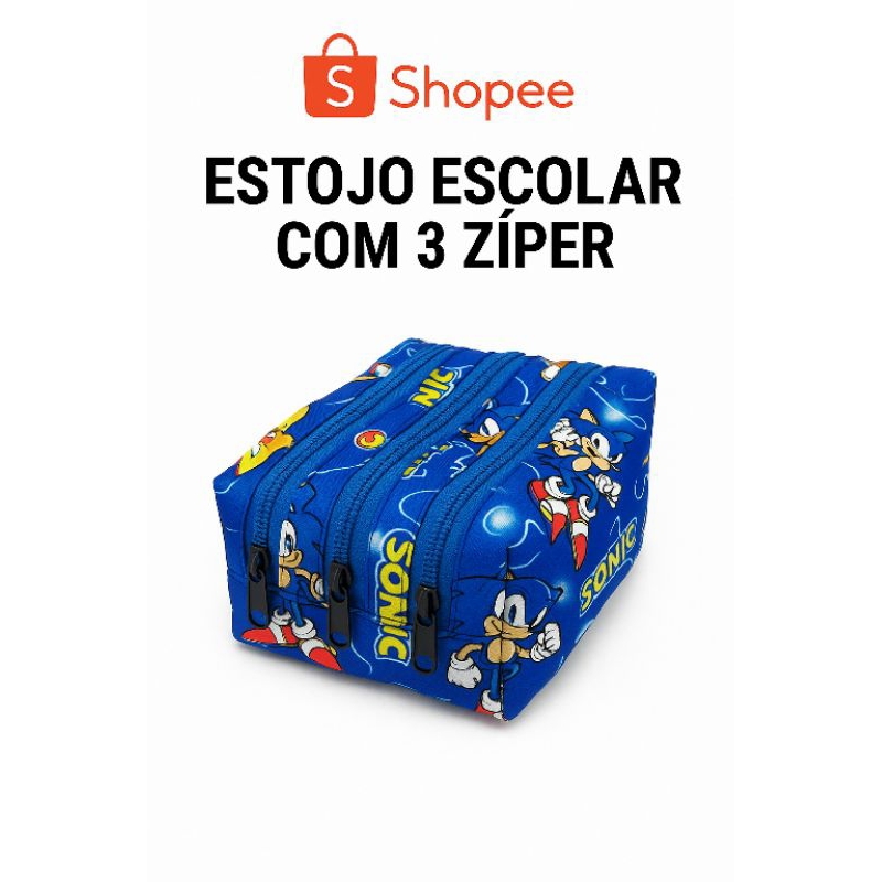 Estojo Escolar 3 Ziper do Sonic - Grande Estojo Escolar com 3 Repartiçoes - 3 Ziper em Oferta na Shopee