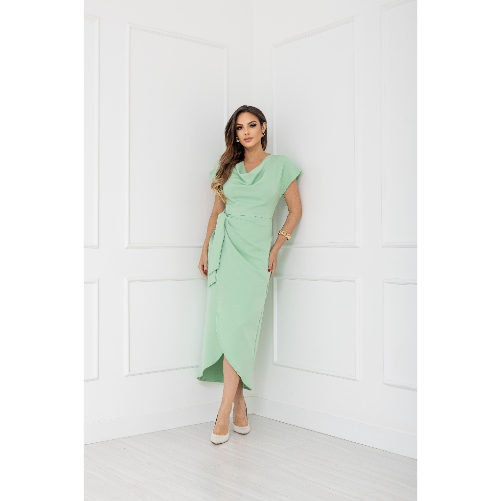 YAN FASHION Vestido Alfaiataria Midi Elegante com Decote Drapeado e Amarração Lateral Feminino