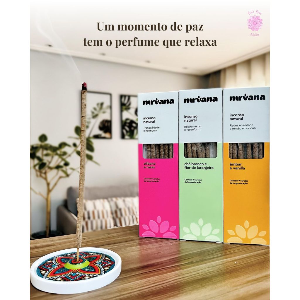 Kit Incenso Nirvana Natural Aromas Misturados Ambar Vanilla Olibano Rosas Cha Branco Flor Laranjeira