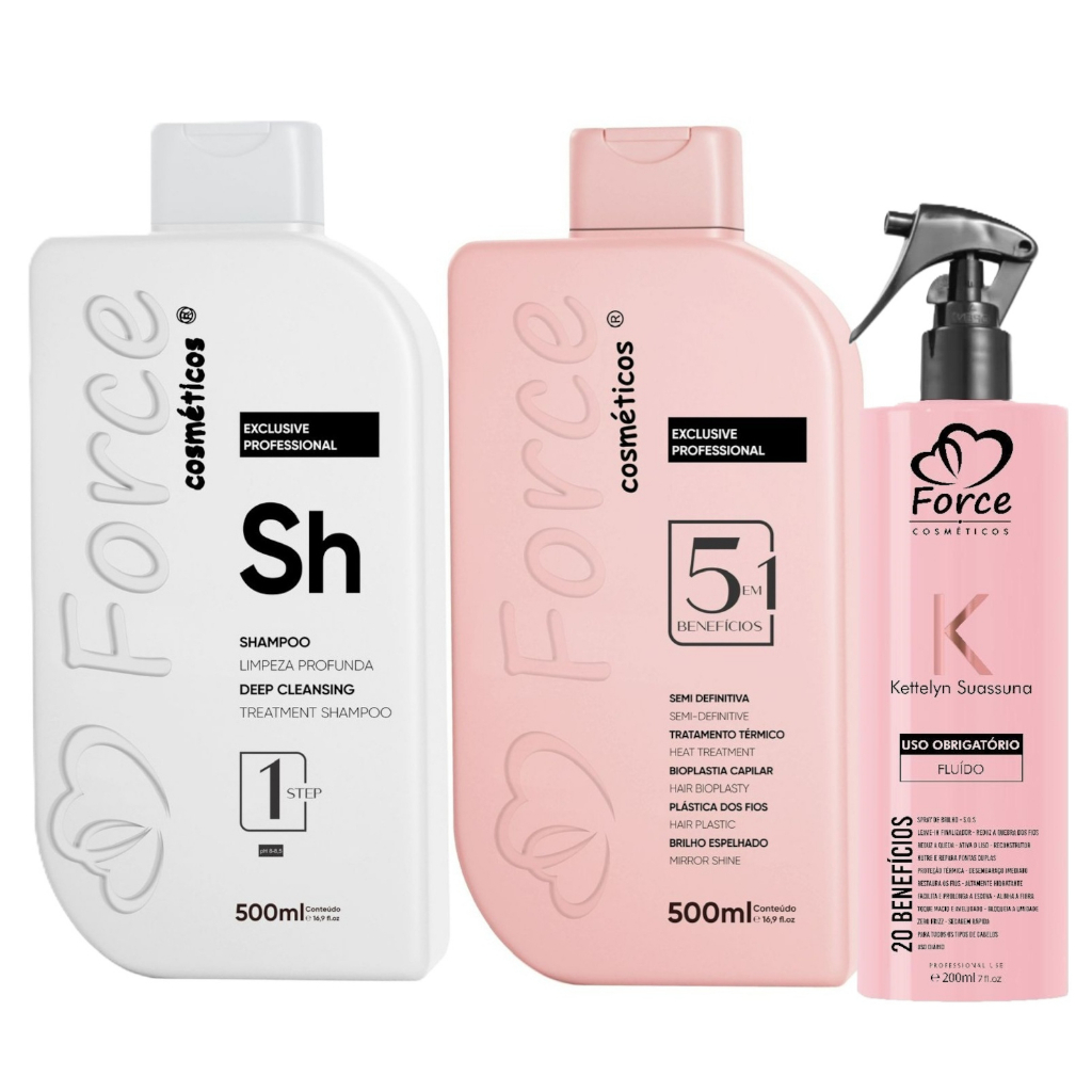 Kit Escova Semi Definitiva 5 em 1 Force Professional 500ml + Fluido K Para Escova 200ml