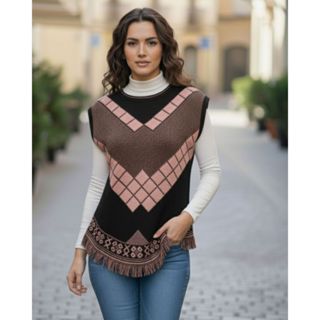 Poncho Feminino Tricot Sem Mangas com Franja – Colete em Trico Estampa Geométrica em Oferta na Shopee