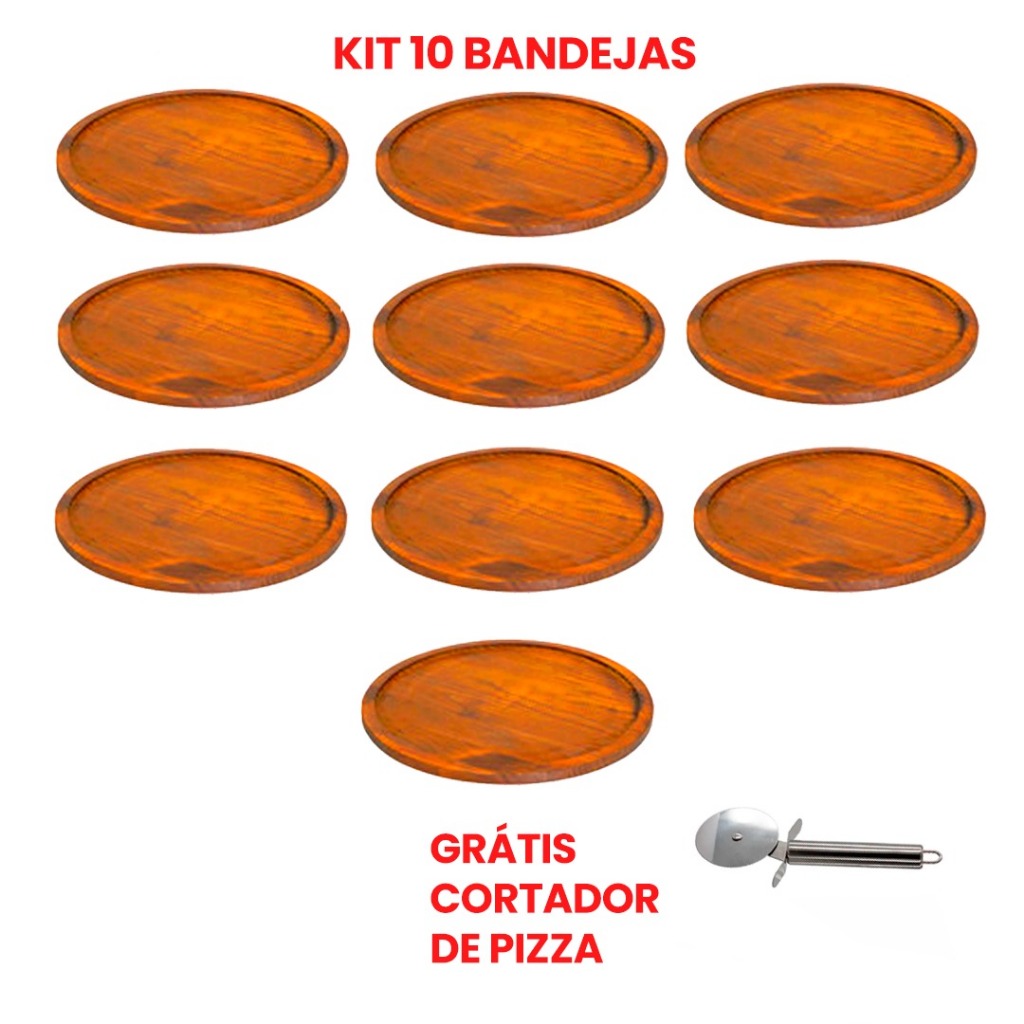 IMPERDÍVEL 6.6 KIT 10 Bandejas de Madeira Rústica para Forma Pizza 35cm, GRATIS CORTADOR INOX