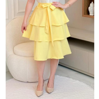 Saia Femeninas Midi com Cinto Babado Três Maria Alfaiataria Elegante Social  Com Forro em Oferta na Shopee