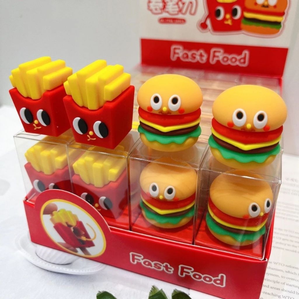 Apontador Papelaria fofa De Lápis Batata Frita e Hambúrguer Fofo Kawaii Papelaria Silicone Cortador Escola