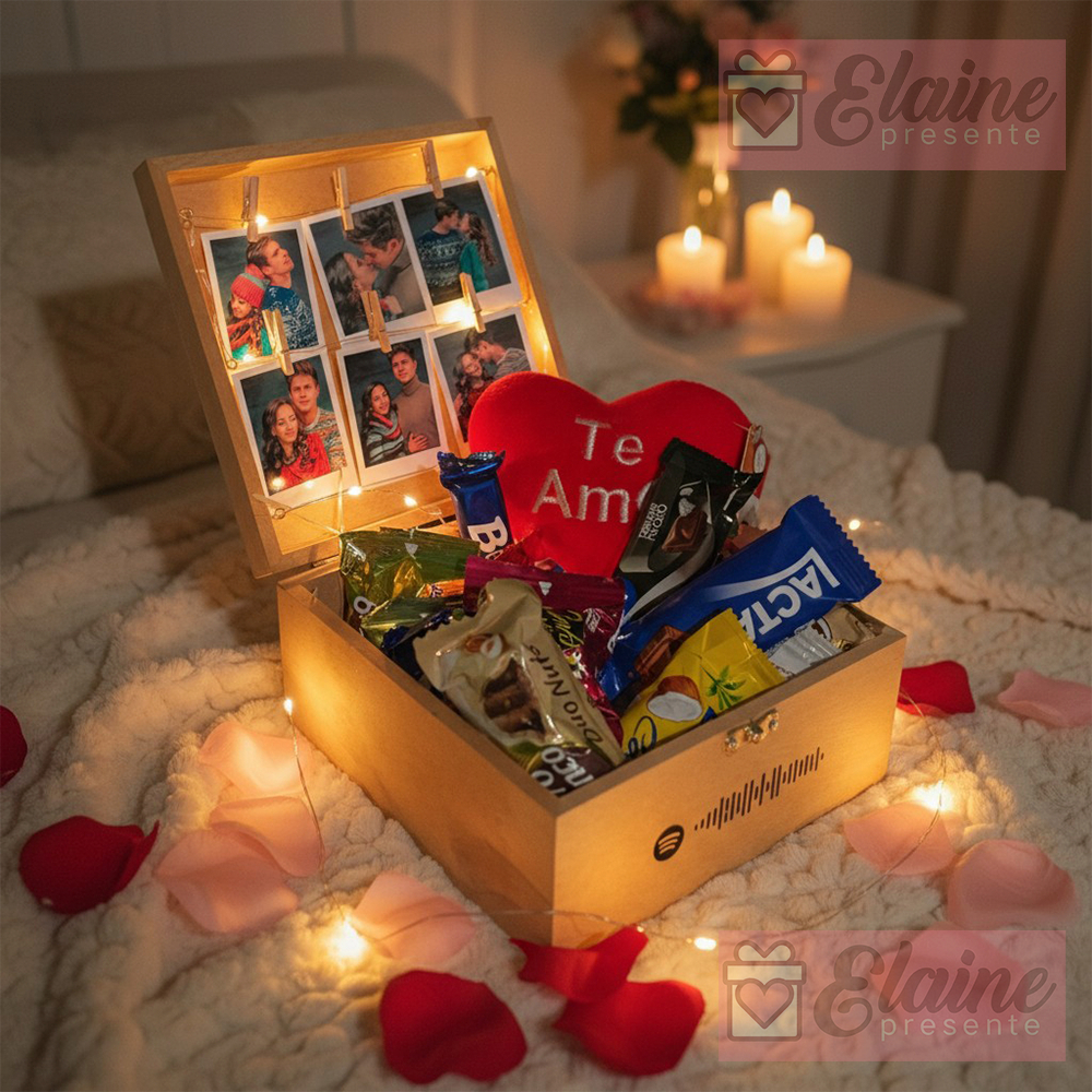 Caixa de presente romântica com fotos, musica e led para casais