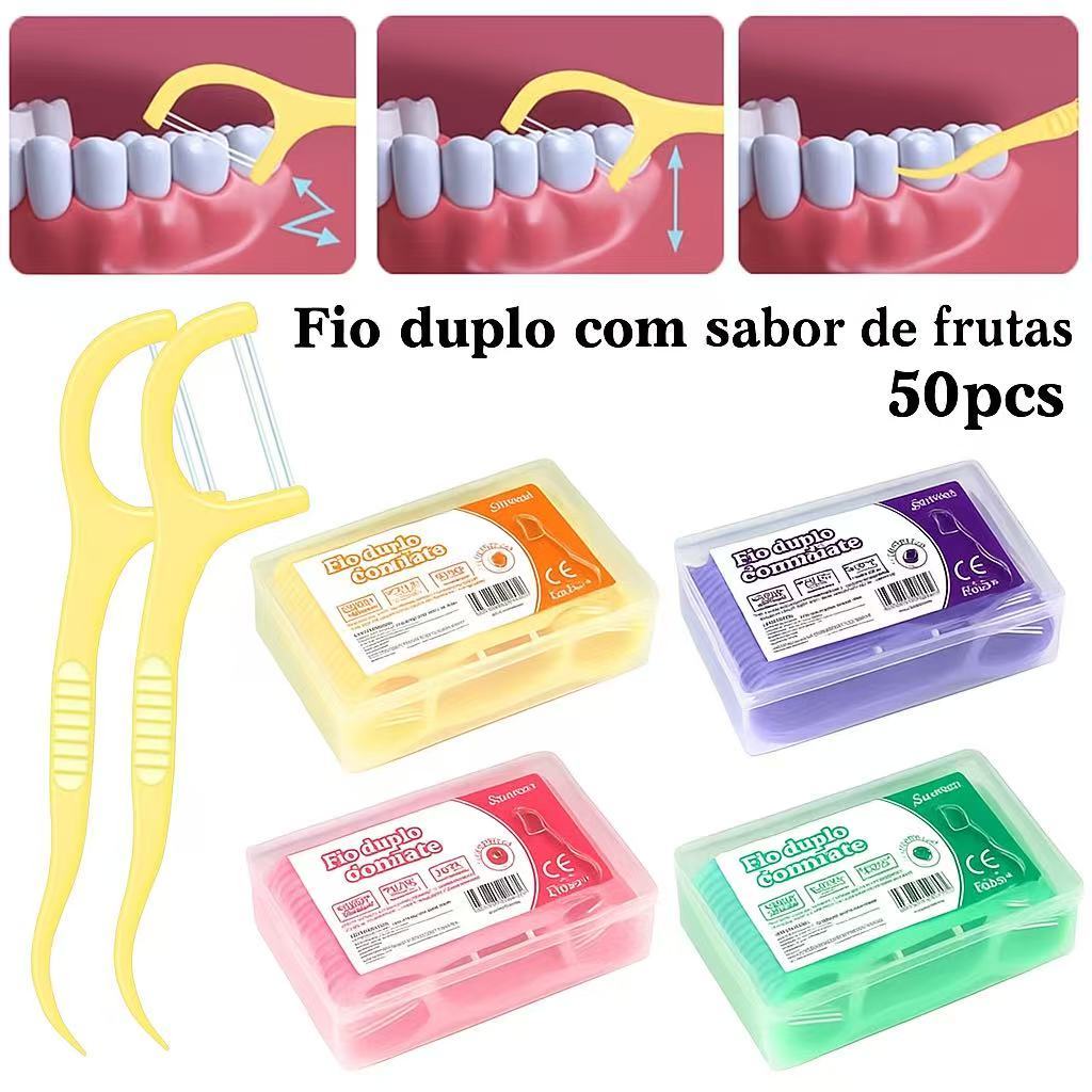 Fio dental infantil sabor frutas ultrafinos para limpeza bucal, pacote com 50 unidades