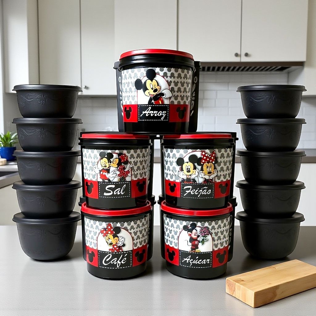PORTA MANTIMENTOS PERSONALIZADOS COM TEMA MICKEY ROSA,VERMELHO E  PRETO em Oferta na Shopee