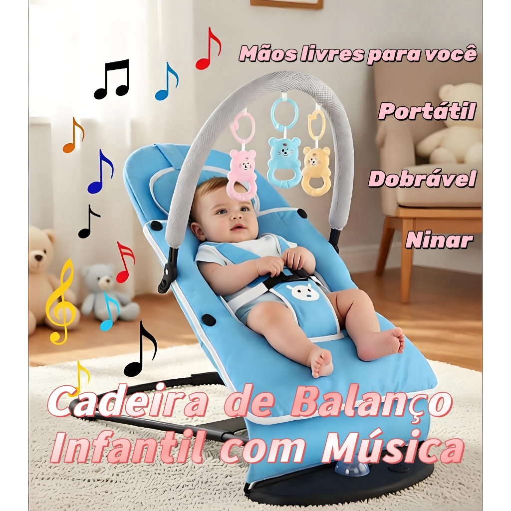 Cadeira de Balanço Infantil Multifuncional: Reclinável, Dobrável e com Música de Ninar - Máquina de Acalmar Bebês