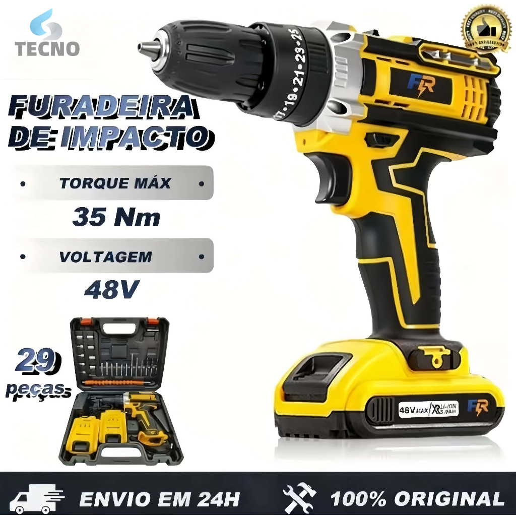 Parafusadeira Furadeira de Elétrica Sem Fio Impacto 48V Bateria 3 funções Kit Completo Acessórios