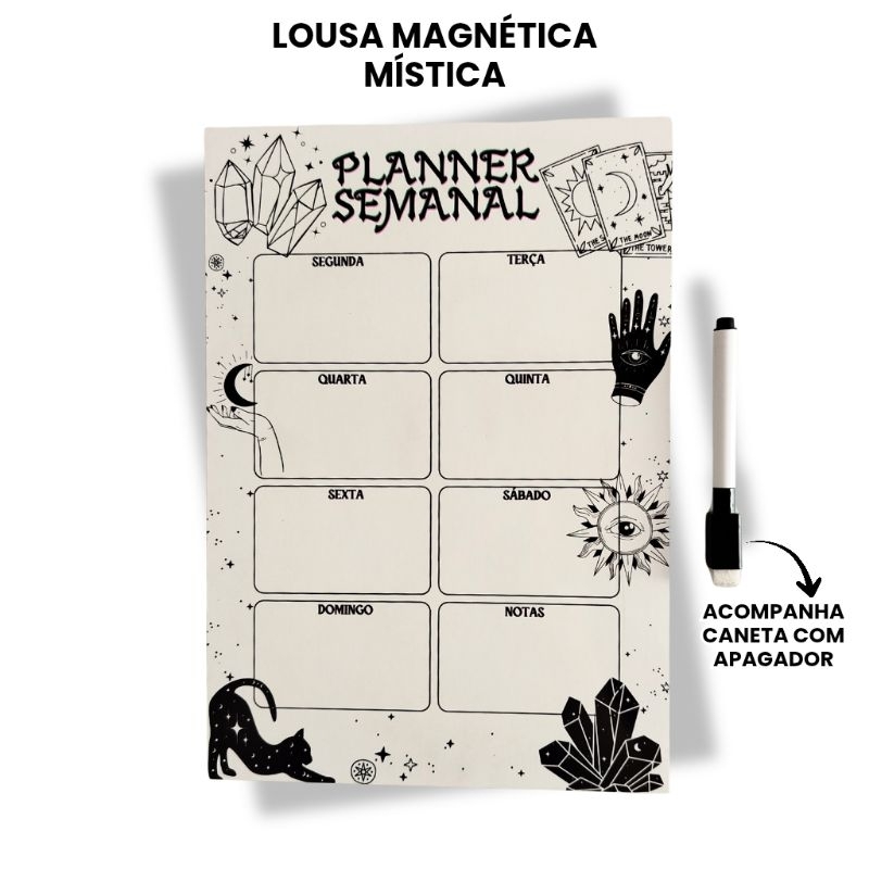 Lousa de Geladeira Mística | Gato Preto e Cristais – 21x30cm com Caneta | Recados, Planner