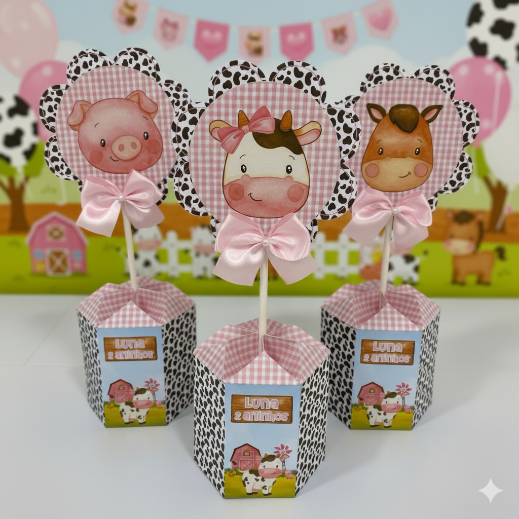 Centro de Mesa Personalizado Fazendinha Rosa – Lembrancinha Festa Infantil Decoração
