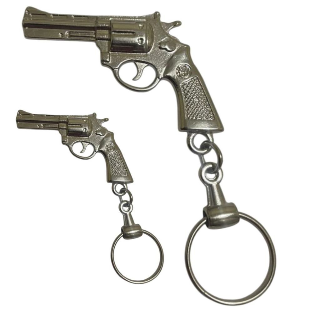 Chaveiro de Metal Formato Revólver .38 – Aço Polido Premium