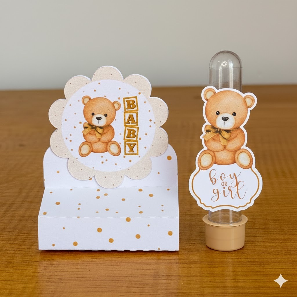 Kit Porta Bis Duplo Creme + Aplique para Tubete/ Chá Revelação/ Ursinho/Festa