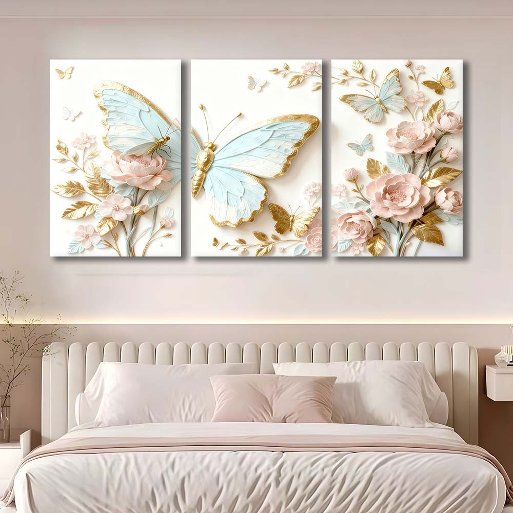 Kit 3 Quadros Decorativos Borboletas Azul Dourado Flores Cor De Rosa Decoracao Moderna Para Quarto E Sala De Estar em Oferta na Shopee