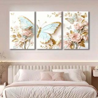 Kit 3 Quadros Decorativos Borboletas Azul Dourado Flores Cor De Rosa Decoracao Moderna Para Quarto E Sala De Estar em Oferta na Shopee