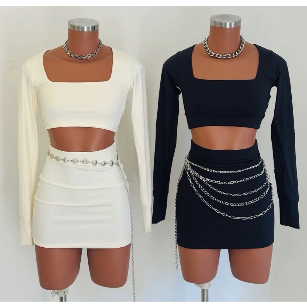Conjunto manga longa e saia curta feminino