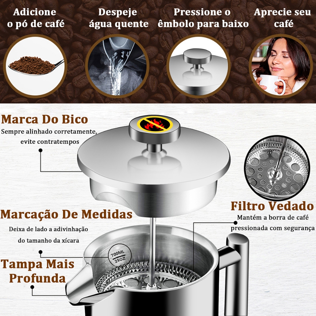 Cafeteira Prensa Francesa Leite Cremoso 700ml Biscuitt Intensità Aço Inox Barista Collection