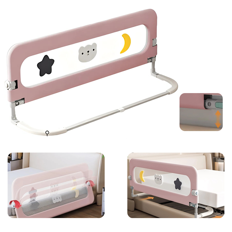 Grade de Cama com Proteção Infantil com Tela de Segurança 1,2m 1,5m 1,8m 2m Cinza/Rosa