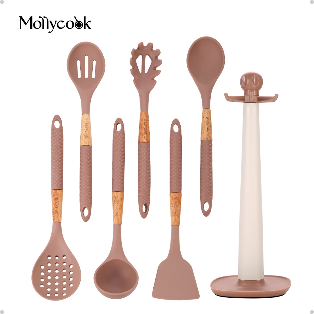 Mollycook Conjunto Utensílios Kit 7 Peças Premium Talher de Cozinha Silicone Cor Marrom