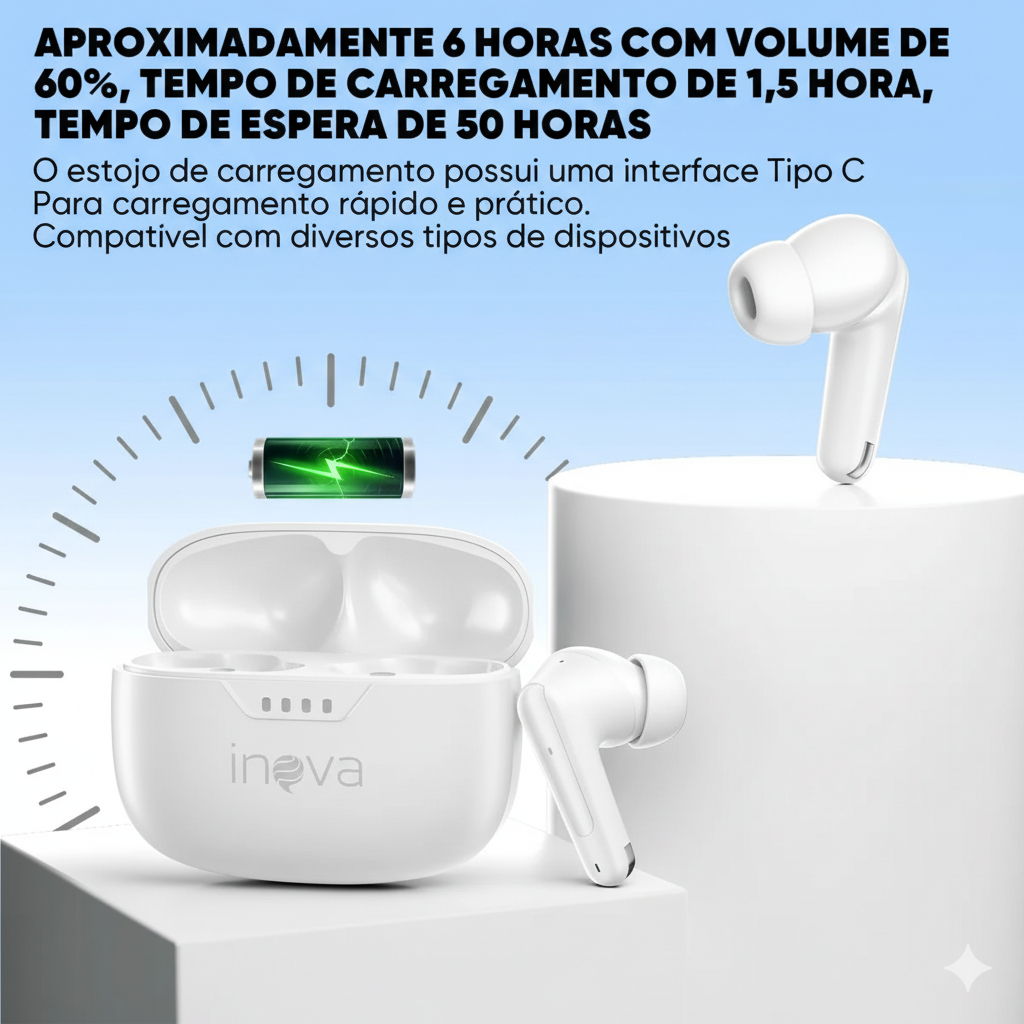INOVA fone de ouvido bluetooth sem fio 5.3 TWS Hifi Híbrido Hi-Res Tws à prova d'água Bateria headset gamer FON-12967 - detalhe