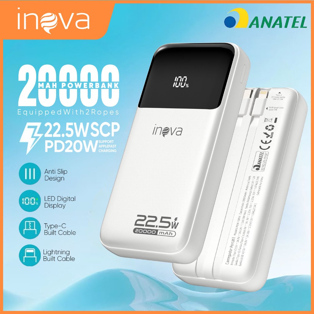 INOVA Power Bank 20000mah Carregador Portatil Turbo PD 22.5W Rápido com Display Digital em Oferta na Shopee