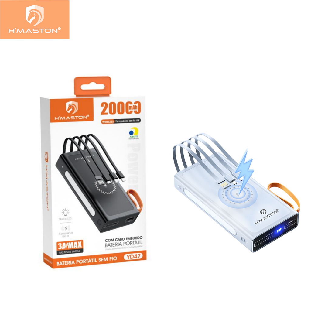 H'maston YD-47 Com Cabo Embutido Bateria Portátil CABOS EMBUTIDOS sem fio 3A MAX LED em Oferta na Shopee
