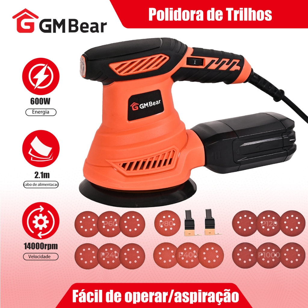 GM Bear Lixadeira Orbital 600W de 5 Polegadas Orbital Aleatória 14000RPM com 5 Lixas de Grãos Diferentes e Coletor de Pó em Oferta na Shopee