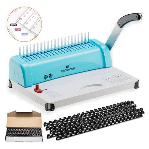 Encadernadora Perfuradora Manual A4 21 Furos 12 Folhas + 100 Espiral Tipo Pente MECOLOUR