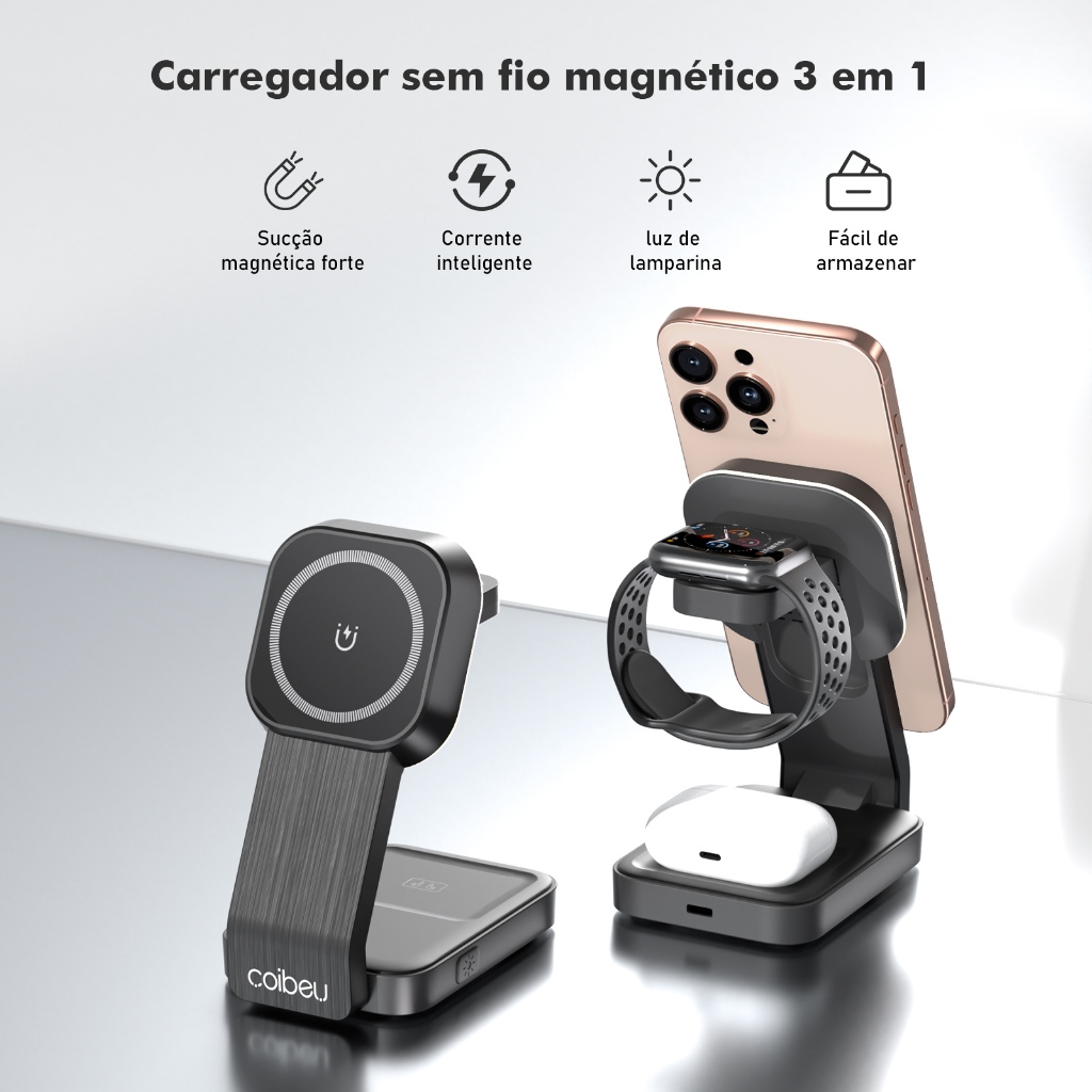 Magnético Carregador Por Indução Sem Fio Wireless Carga Rápida 15w Para iPhone Fones smartwatch 3 em 1 MagSafe Dobrável