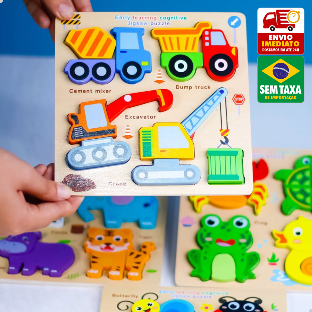 Brinquedo Educativo Quebra-Cabeça Infantil em Madeira Colorido 18x18cm Animais e Temas Variados