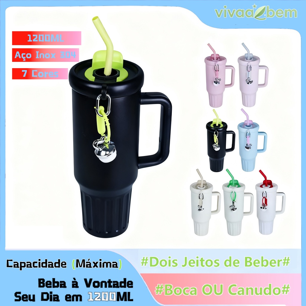 Copo Térmico 1200 ml Com Canudo Material Inoxidável Tampa 2 Funções Alça Aberto ou Fechado