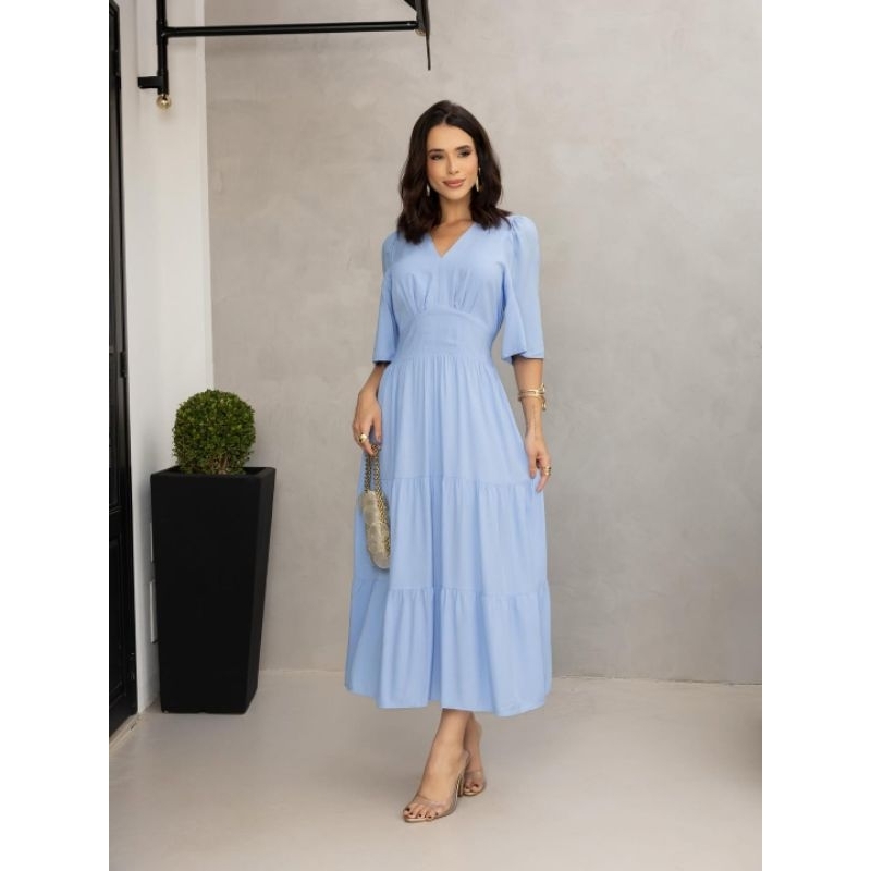 Vestido feminino midi luxo elegante liso decote v manga flare primavera verão Natal e ano novo em Oferta na Shopee