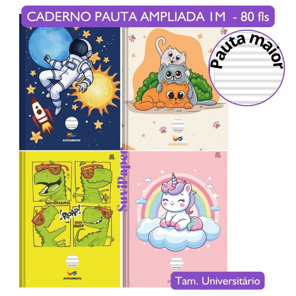 Caderno Brochurão Pauta Ampliada 80 Folhas AnimaMente - Astronauta, Gatos, Dinossauro, Unicórnio Tamanho A4 200mmx275mm em Oferta na Shopee
