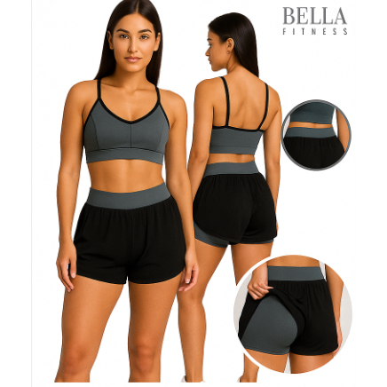 Conjunto Fitness Feminino Short Duplo + Top com Bojo removível| Cós Alto Modelador | Academia