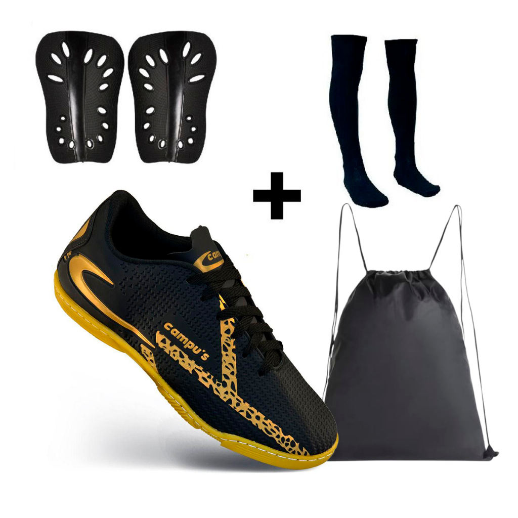 Kit Futebol Completo com Chuteira Futsal + Caneleira +Meião Sortido+Mochila Bag Esportiva Costurada