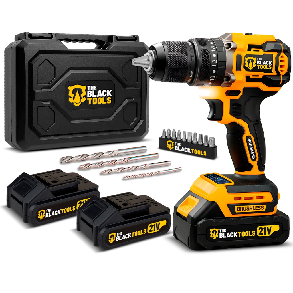 Parafusadeira E Furadeira De Impacto Sem Fio 2 Baterias 21v + Acessórios Com Maleta The Black Tools em Oferta na Shopee