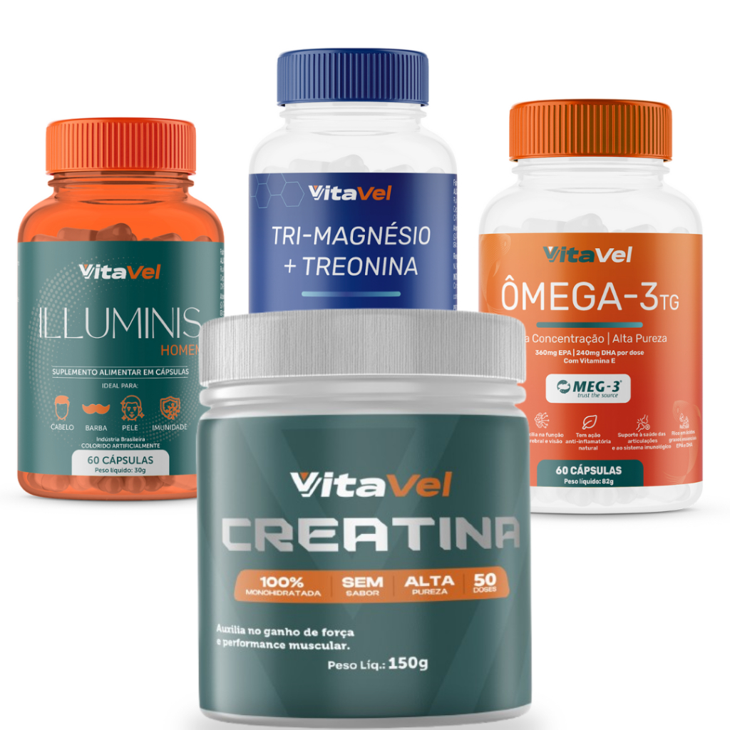 Kit de Suplementos de Academia Completo Masculino 4 Suplementos Vitavel Suplementos