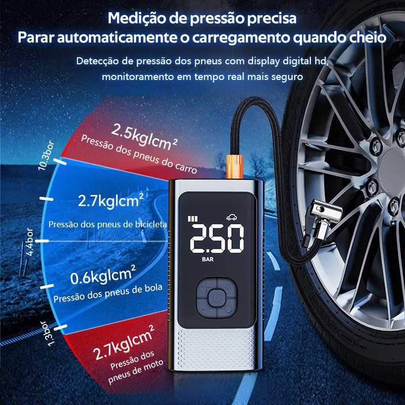 Bomba de Ar Portátil Recarregável 4000mAh, Inflador Digital com Auto Stop, USB-C para Automóvel  M6
