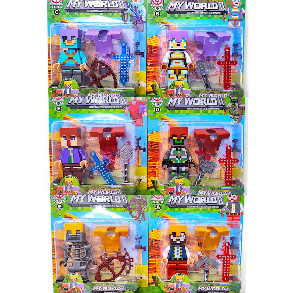 Kit 2 Bonecos Mine World Articulados 8cm C/ Acessórios