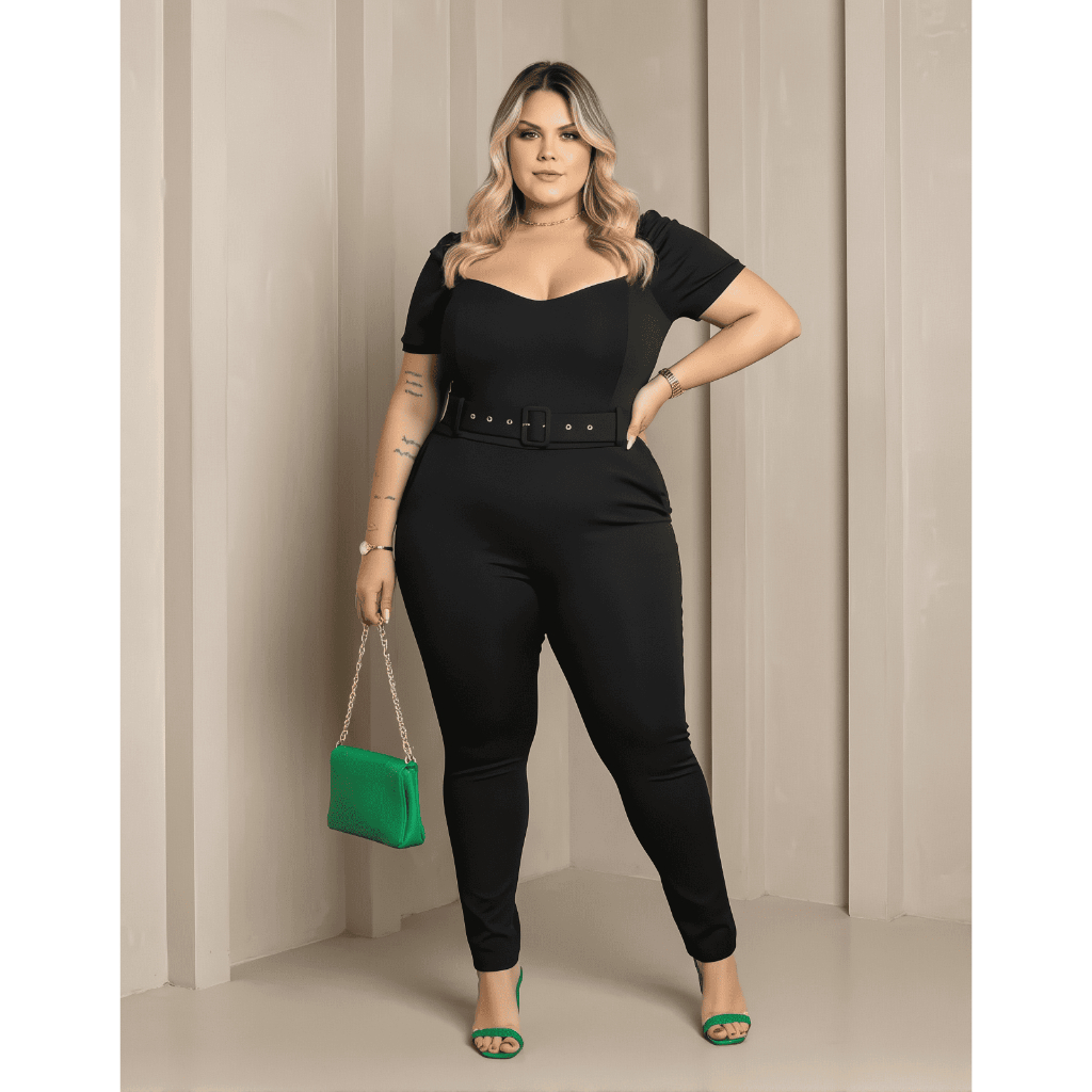 Macacão Luxo Com Decote Acompanha Cinto, Crepe de Malha, Veste do 46 ao 52 em Oferta na Shopee