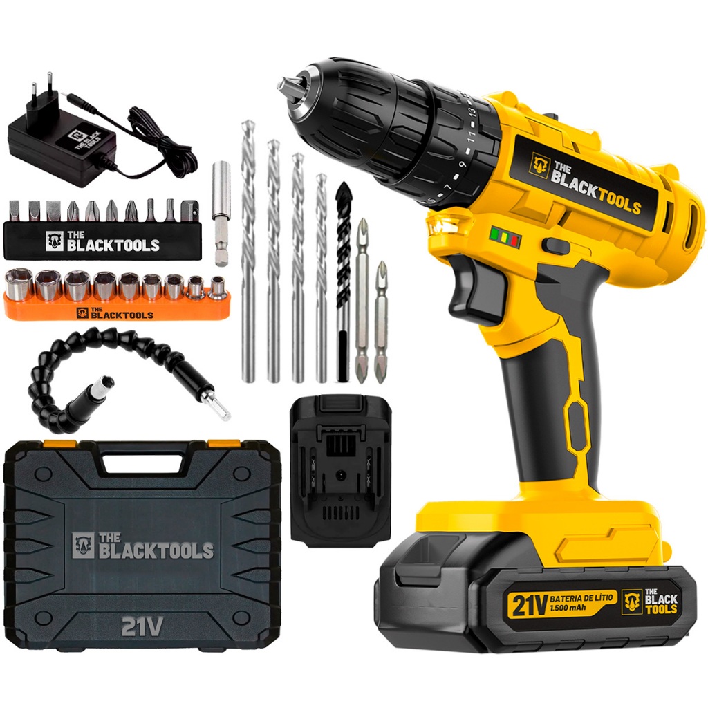 Parafusadeira Furadeira 21v 3/8 Bivolt Impacto 1400 Rpm C/ Acessórios Tb-21pzw The Black Tools em Oferta na Shopee